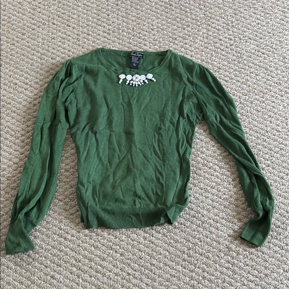Embellished Fitted Green Long Sleeve Blouse